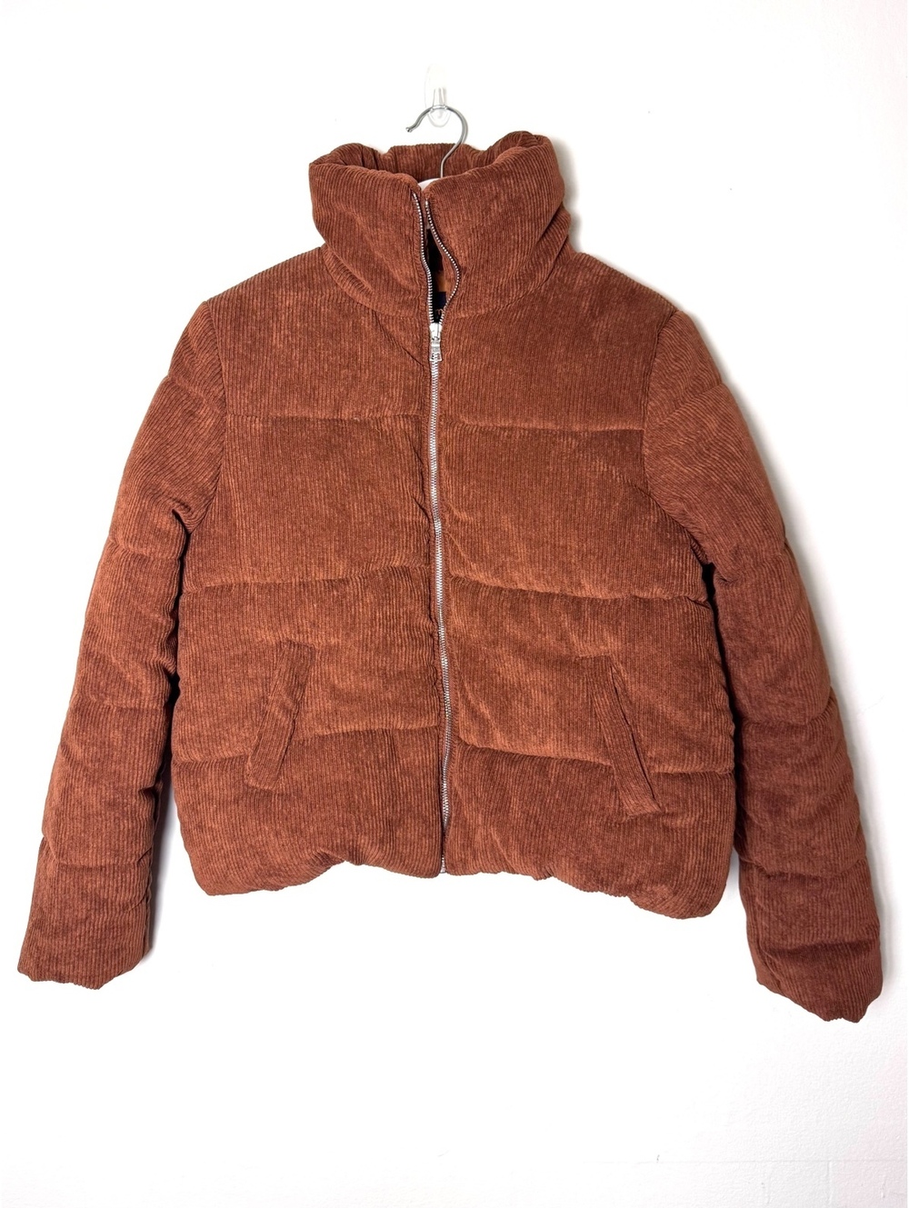 Cognac brown corduroy puffer coat Ambiance Outerwear satin lining size L